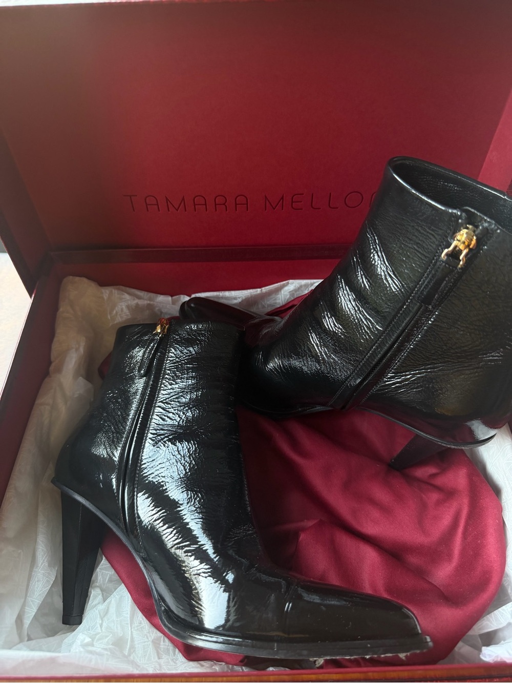 Tamara Mellon Black Patent Leather Pointed Toe Ankle Boots